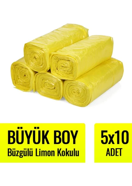 Büzgülü Büyük Boy Limon Kokulu Çöp Torbası 10'lu 5 Rulo 65 x 70 cm Çöp Poşeti