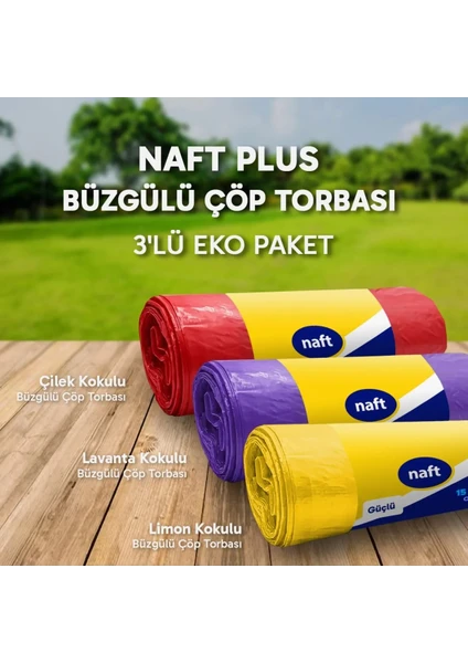 Plus Büzgülü Çöp Torbası 65 x 70 cm 3'lü Eko Paket Büyük Boy Lavanta Çilek Limon Kokulu Çöp Poşeti