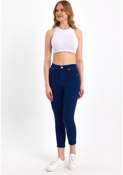 Toparlayıcı Kumaş Yüksek Bel Mavi Skinny Jean