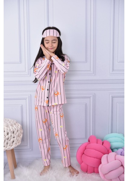 Lolli Boom Kids Yeni Sezon Kız Çocuk Çizgili Sevimli Teddy Bear Çizgili Düğmeli Pijama Takımı Göz Bandı Dahil