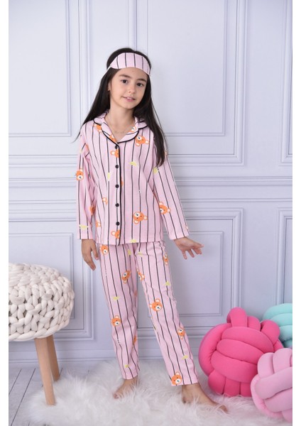 Lolli Boom Kids Yeni Sezon Kız Çocuk Çizgili Sevimli Teddy Bear Çizgili Düğmeli Pijama Takımı Göz Bandı Dahil