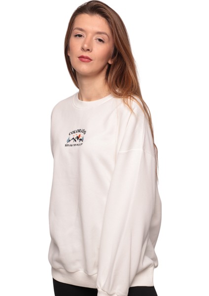 Nakışlı 3 Iplik Kadın Sweatshirt 5808 | Ekru