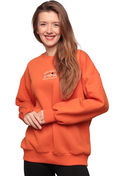 Nakışlı 3 Iplik Kadın Sweatshirt 5808 | Turuncu