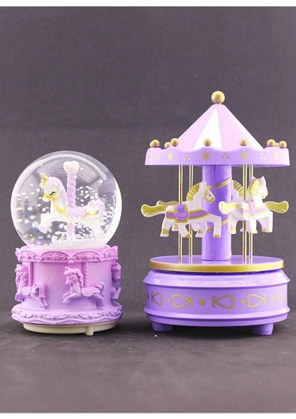Mor Unicorn Kar Küresi Işıklı Müzikli 12 cm ve Mor Atlıkarınca Sevgiliye Özel Dekoratif Hediye Seti