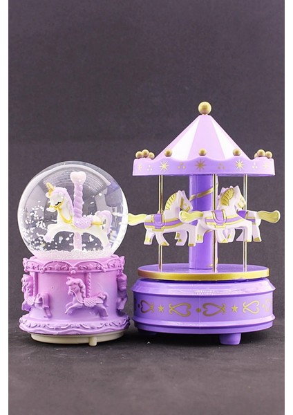 Mor Unicorn Kar Küresi Işıklı Müzikli 12 cm ve Mor Atlıkarınca Sevgiliye Özel Dekoratif Hediye Seti