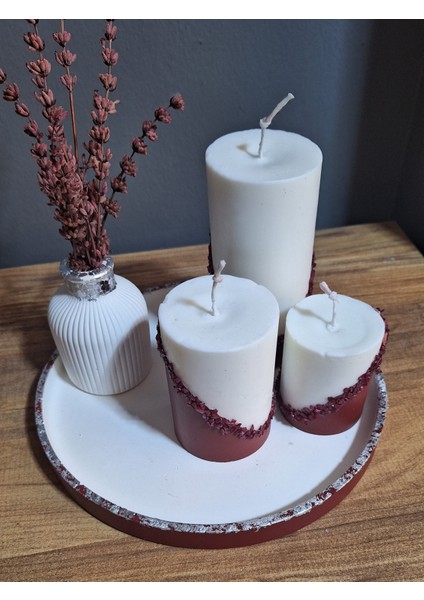 Bordo Beyaz ve Gümüş Detaylı Beton Mum Dekorasyon Seti Idyllart Store