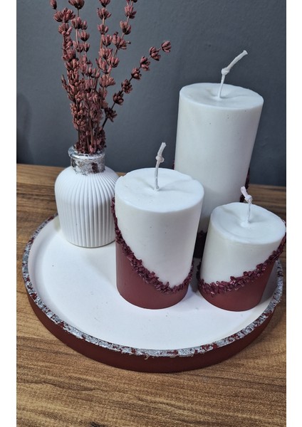 Bordo Beyaz ve Gümüş Detaylı Beton Mum Dekorasyon Seti Idyllart Store fiyatları