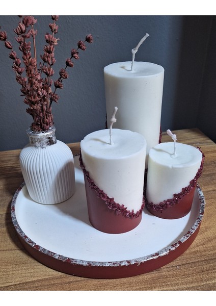 Bordo Beyaz ve Gümüş Detaylı Beton Mum Dekorasyon Seti Idyllart Store modelleri