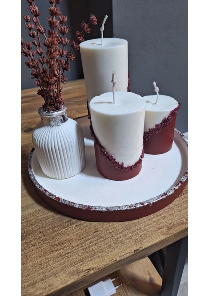 Bordo Beyaz ve Gümüş Detaylı Beton Mum Dekorasyon Seti Idyllart Store fırsatları