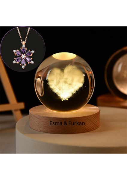 Büyük Boy Işıklı Ahşap Kaideli Kalp Temalı Cam Küre 8cm ve Lotus Çiçeği Kolye