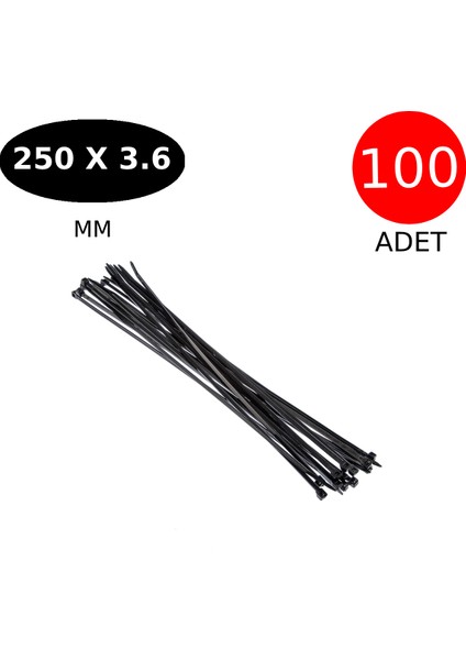 Plastik Kablo Bağı Cırt Kelepçe 250 mm x 3.6 mm Siyah 100 Adet