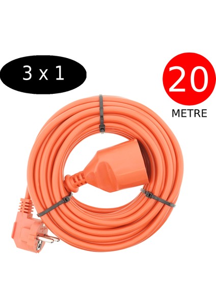 20 Metre Uzatma Kablosu 3 x 1 mm Ttr Bakır Kablo Erkek Fiş Dişi Fiş Baskılı Seyyar Ara Kablo