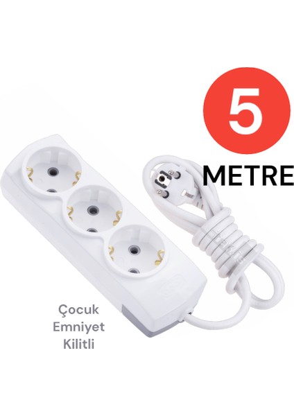 Grup Priz Topraklı 3 Lü 5 Metre Çocuk Korumalı Çoklu Priz Seyyar Ara Kablo Uzatma Kablosu