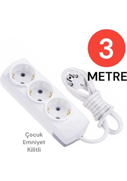 Grup Priz Topraklı 3 Lü 3 Metre Çocuk Korumalı Çoklu Priz Seyyar Ara Kablo Uzatma Kablosu