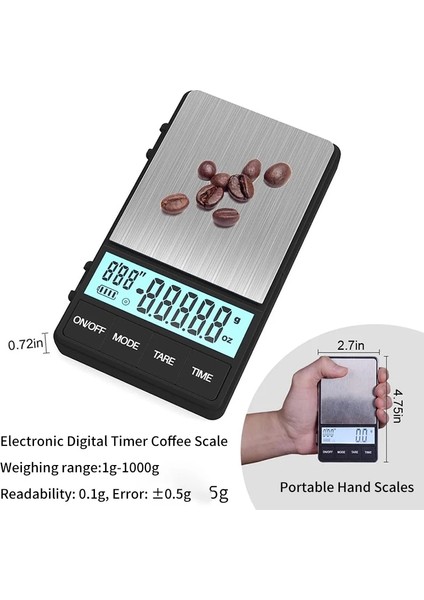 Açık Mavi Cep Mini Kahve Terazisi Zamanlayıcı ile 1000 x 0.1g Dijital Gram Ölçeği Dara Fonksiyonlu Büyük LCD Ekran Espresso Ölçeği (Yurt Dışından)