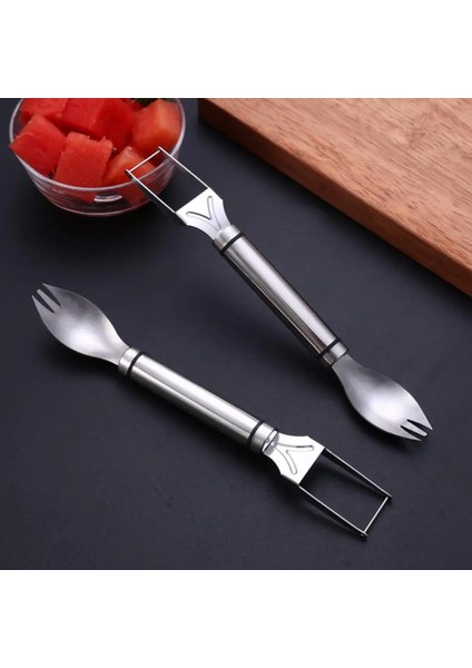 Gümüş Pratik Ergonomik Sap Emek Tasarrufu Sağlayan Paslanmaz Çelik 2'si 1 Arada Karpuz Çatal Kesme Aleti Meyve Kesici Basit Kullanım (Yurt Dışından) fırsatları