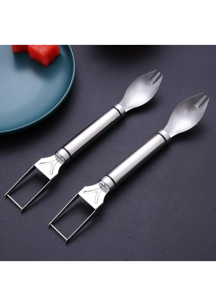 Gümüş Pratik Ergonomik Sap Emek Tasarrufu Sağlayan Paslanmaz Çelik 2'si 1 Arada Karpuz Çatal Kesme Aleti Meyve Kesici Basit Kullanım (Yurt Dışından) indirimleri