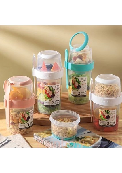 Green S Iki Katlı Kahvaltı Yulaf Ezmesi Tahıl Fındık Yoğurt Salata Mühürlü Bardak Taşınabilir Konteyner Seti Çatal Bardak Kapaklı Bento Yiyecek Kasesi Öğle Yemeği Kutusu (Yurt Dışından)