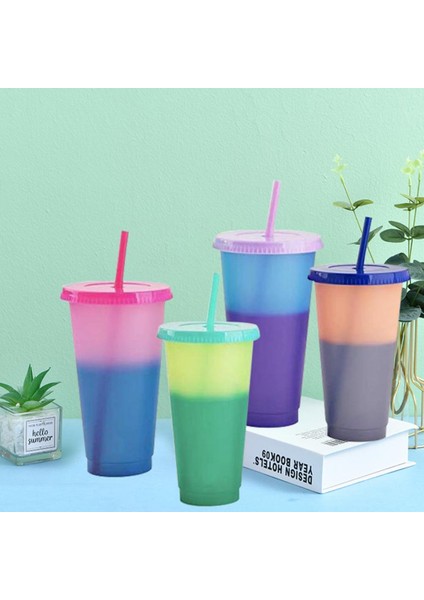 Turuncu 700 ml Renk Değiştiren Su Bardağı Sıcaklığa Duyarlı Saman Kapaklı Bardak Bardak Gıda Sınıfı Plastik Su Şişesi Drinkware (Yurt Dışından)