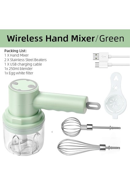 Set Yeşil Elektrikli Gıda Kıyıcı 2 In 1 Mini El Mikseri Çırpma Yumurta Çırpıcı 3 Hız Kontrol Mutfak Blender USB Kablosuz Sarımsak Gıda Ezici (Yurt Dışından)