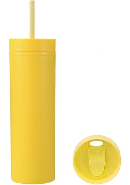 Sarı 450 ml Kahve Kupaları Saman Bardak Renkli Plastik Tumbler Büyük Kapasiteli Çift Katmanlı Meyve Suyu Içecekleri Su Saman Bardak (Yurt Dışından)