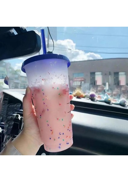 Mavi 700 ml Renk Değiştiren Su Bardağı Sıcaklığa Duyarlı Saman Kapaklı Bardak Bardak Gıda Sınıfı Plastik Su Şişesi Drinkware (Yurt Dışından) fırsatları