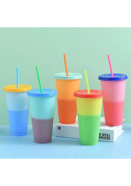 Sarı 720 ml Saman Kapaklı Bardak Yeniden Kullanılabilir Kahve Fincanları Plastik Su Kupa Renk Değiştiren Içecek Bardağı Parti Malzemeleri (Yurt Dışından)