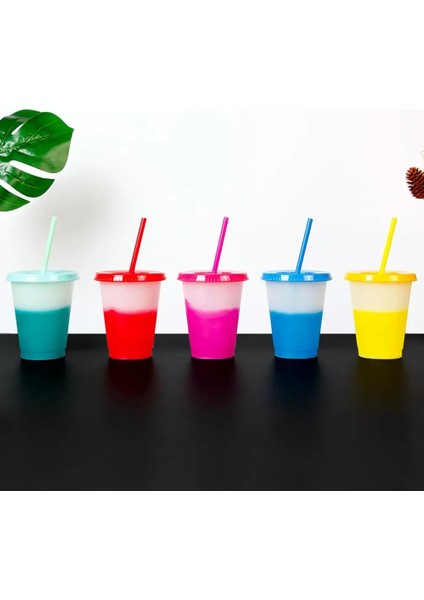 Sarı 473 ml Renk Değiştiren Soğuk Bardaklar Yeniden Kullanılabilir Plastik Bardak Kapaklı ve Samanlı Soğuk Bardak Saman Bardak Drinkware Mutfak Aletleri (Yurt Dışından) modelleri