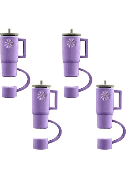 Mor 4 Adet 3.5 cm 2/4 Adet Hasır Kapak Güzel Görünümlü Yaratıcı Tasarım Toz Geçirmez Bpa Içermeyen 3D Fincan Şekli Çiçek Desenli Silikon Saman Topper Çocuklar Için (Yurt Dışından)
