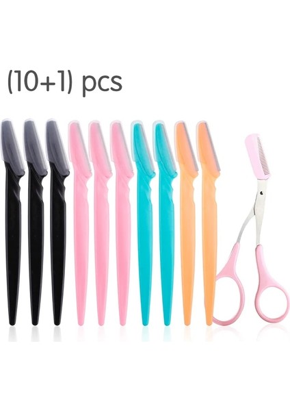 11 Adet Mix Pembe 11 Adet Kadın Kaş Düzeltici Şekillendirici Yüz Usturası + Taraklı Makas (Yurt Dışından)