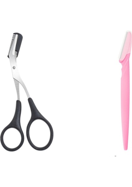 2 Adet Set Siyah Güzellik Araçları Ürünleri Kadınlar Için Kaş Düzeltici Kaş Makası Tarak ile Paslanmaz Çelik Kaş Jilet Kirpik Saç Makas (Yurt Dışından)