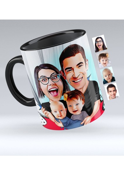 Kişiye Özel Aile Karikatürlü Siyah Kupa Bardak - 4