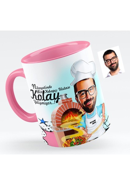 Kişiye Özel Bay Kebapçı Ustası Karikatürlü Pembe Kupa Bardak - 1