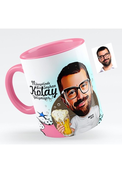 Kişiye Özel Şerefe Karikatürlü Pembe Kupa Bardak - 1
