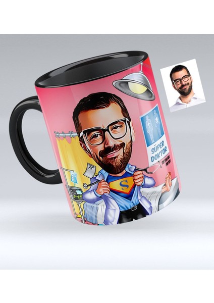 Kişiye Özel Bay Doktor Karikatürlü Siyah Kupa Bardak - 2