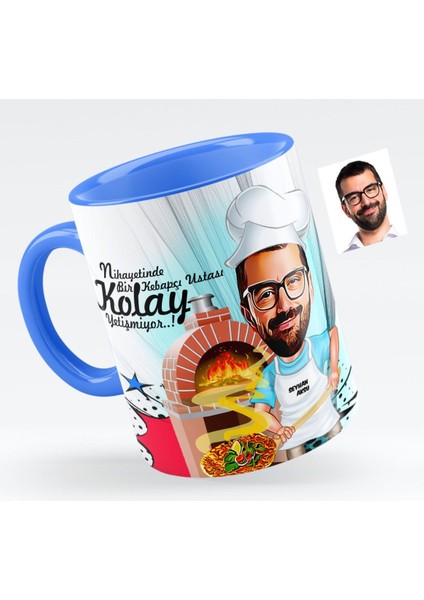 Kişiye Özel Bay Kebapçı Ustası Karikatürlü Mavi Kupa Bardak - 1