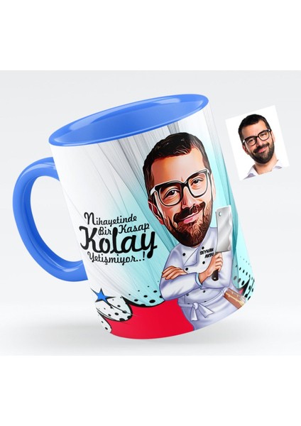 Kişiye Özel Bay Kasap Karikatürlü Mavi Kupa Bardak - 1