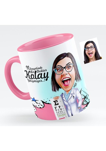 Kişiye Özel Bayan Göz Doktoru Karikatürlü Pembe Kupa Bardak - 1