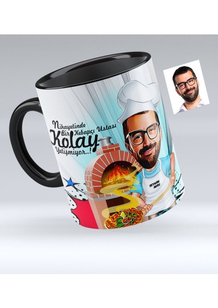 Kişiye Özel Bay Kebapçı Ustası Karikatürlü Siyah Kupa Bardak - 1