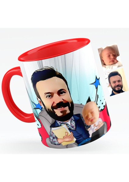Kişiye Özel Baba Oğul Karikatürlü Kırmızı Kupa Bardak - 1
