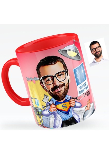 Kişiye Özel Bay Doktor Karikatürlü Kırmızı Kupa Bardak - 2