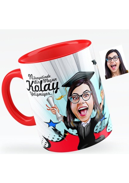 Kişiye Özel Bayan Mezun Karikatürlü Kırmızı Kupa Bardak - 1