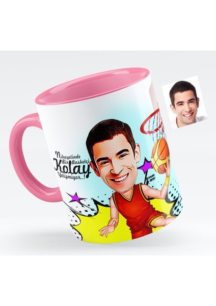 Kişiye Özel Bay Basketbolcu Karikatürlü Pembe Kupa Bardak - 1