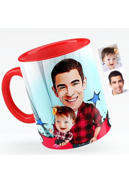 Kişiye Özel Baba Kız Karikatürlü Kırmızı Kupa Bardak - 3