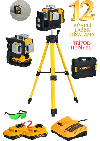 Italy Tripod Hediye 360° 12 Köşe 50 Metre Ölçüm 2 Akülü Çizgili Lazer Metre Çizgi Hizalama Makinesi