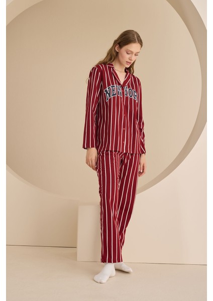 Nbb Bordo New York V Yaka Önden Düğmeli Pijama Takımı