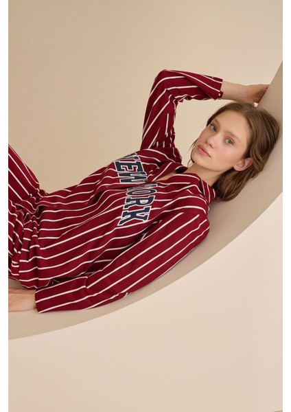 Nbb Bordo New York V Yaka Önden Düğmeli Pijama Takımı