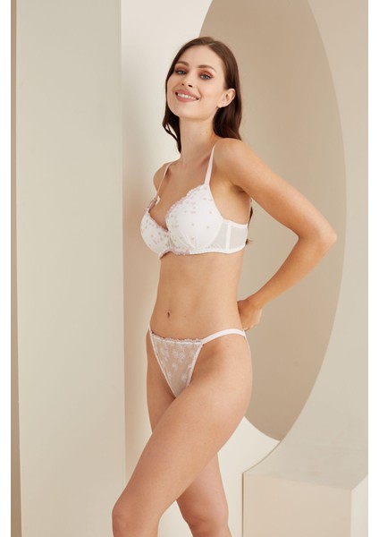 Ekru Pembe Hafif Dolgulu Kaplı Tüllü Sütyen Külot Takım modelleri