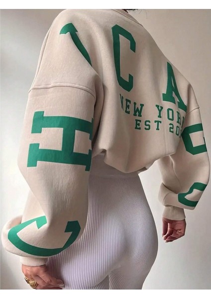 Kadın Bej Kolları Chicago Baskılı Oversize Bisiklet Yaka Sweatshirt