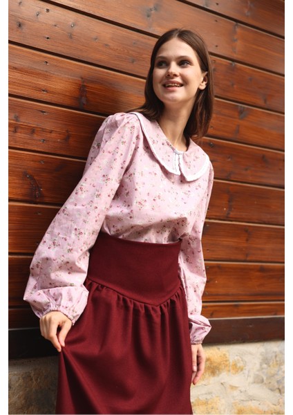 Vintage Pembe-Bordo Çiçekli Bebe Yaka Dantelli Poplin Bluz